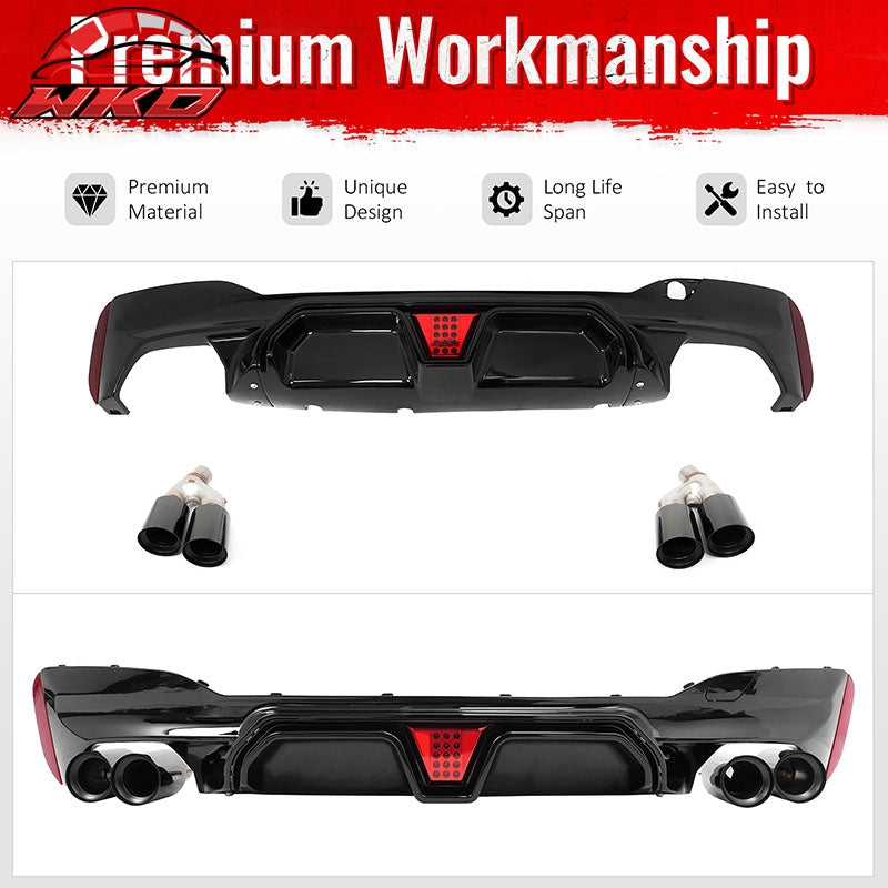 Fits 21-23 BMW G30 5 Series CS Style Rear Diffuser w/ LED + Black Quad Exhaust