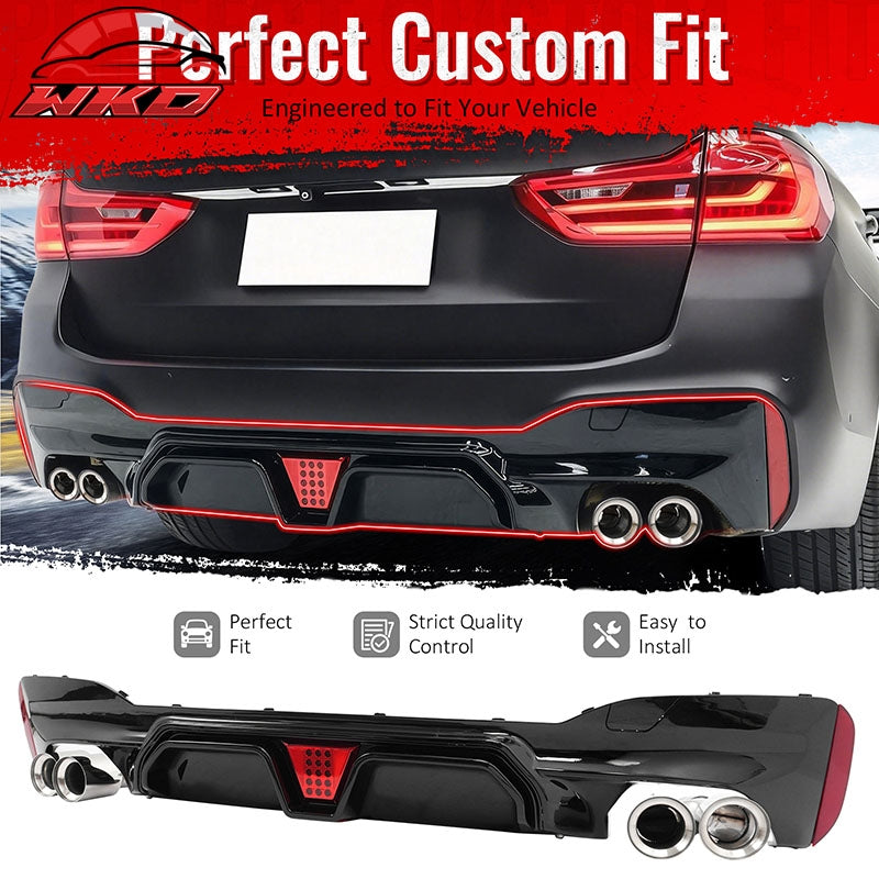 Fits 17-20 BMW G30 5 Series CS Style Rear Diffuser w/ LED + Silver Quad Exhaust