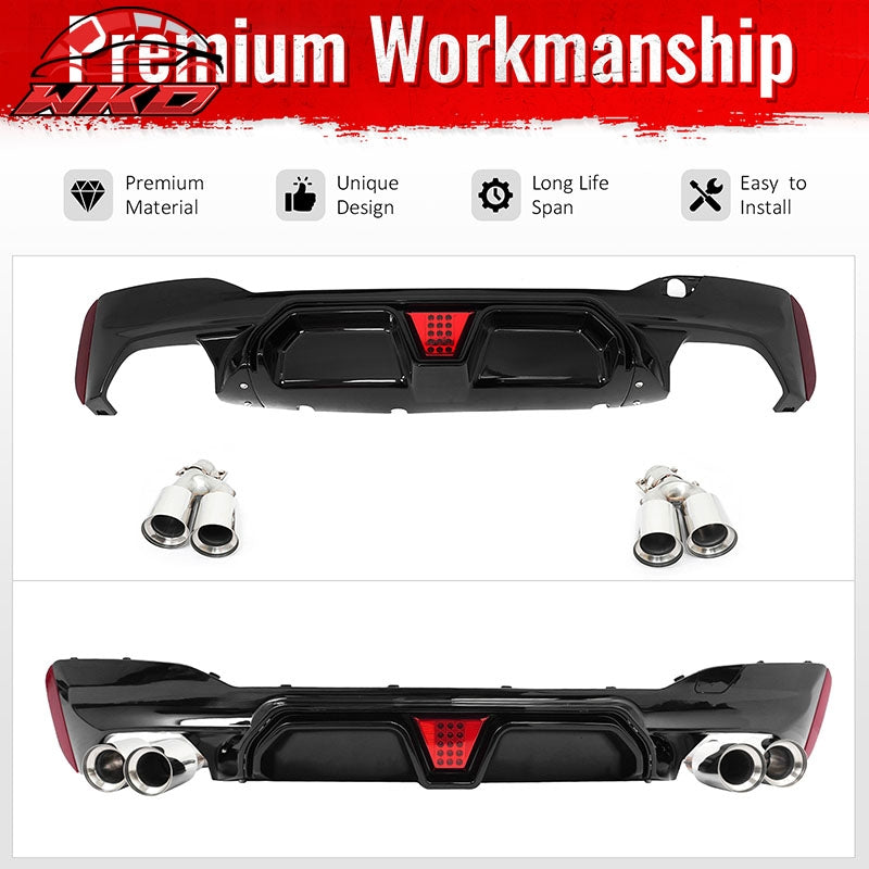 Fits 17-20 BMW G30 5 Series CS Style Rear Diffuser w/ LED + Silver Quad Exhaust