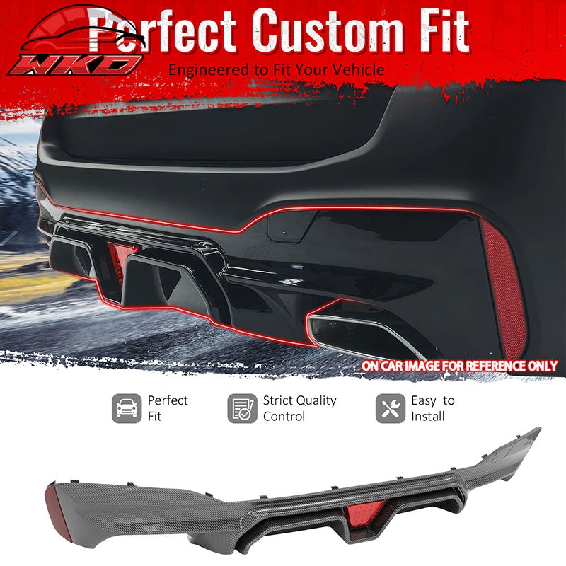 Fits 17-23 BMW G30 5 Series Carbon Fiber Print M5 CS Style Rear Diffuser w/ LED