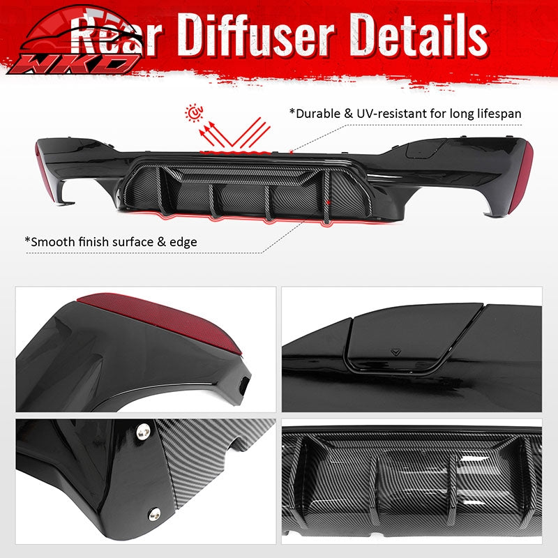 Fits 17-23 BMW G30 5 Series M5 MP Style Rear Diffuser Gloss Black& CF Print Fin