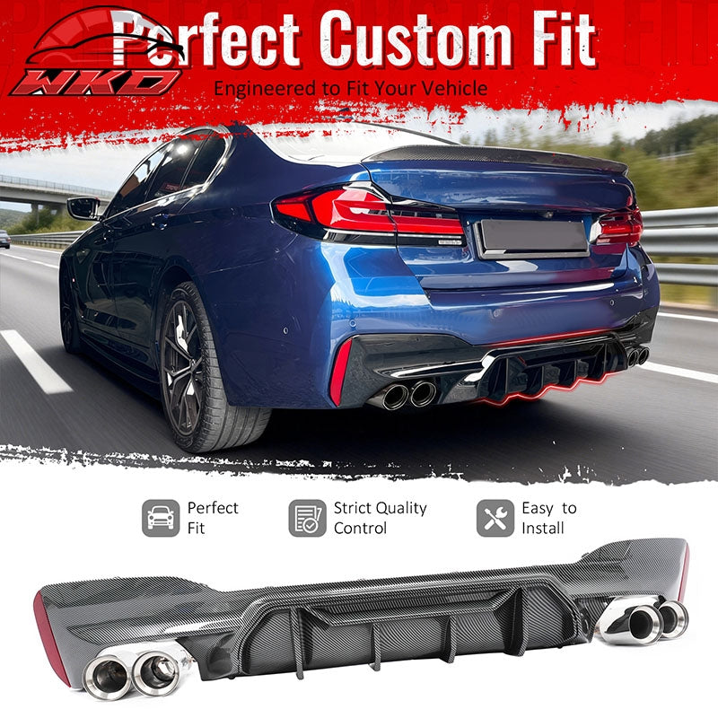 For 17-20 BMW G30 Carbon Fiber Print Rear Diffuser MP Style+ Silver Quad Exhaust