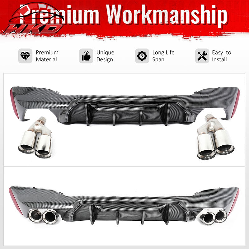 For 21-23 BMW G30 Carbon Fiber Print Rear Diffuser MP Style+ Silver Quad Exhaust
