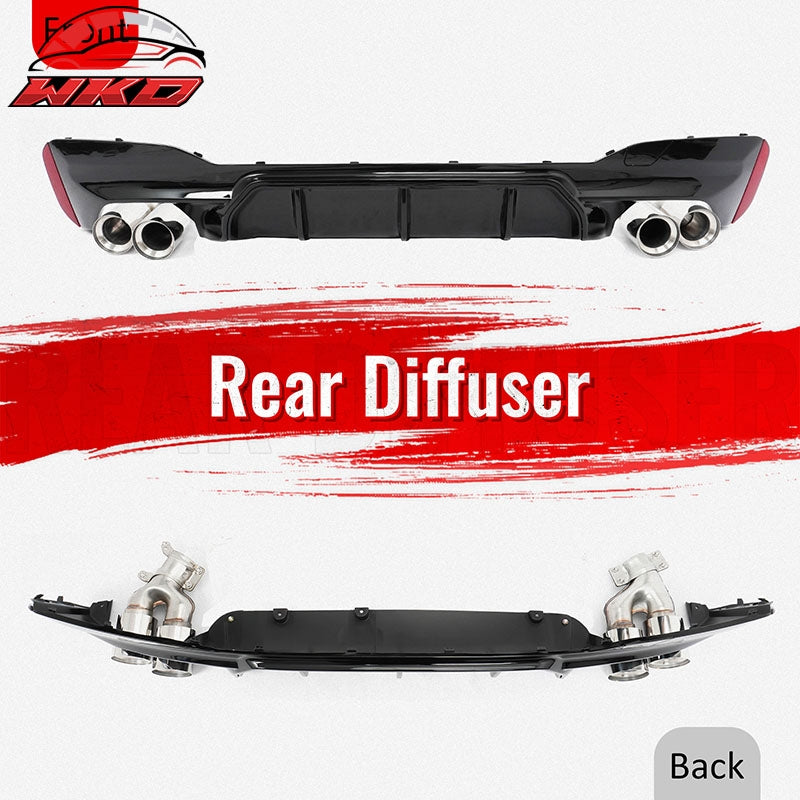 For 17-20 BMW G30 Competition Style Gloss Black Rear Diffuser Silver Exhaust Tip