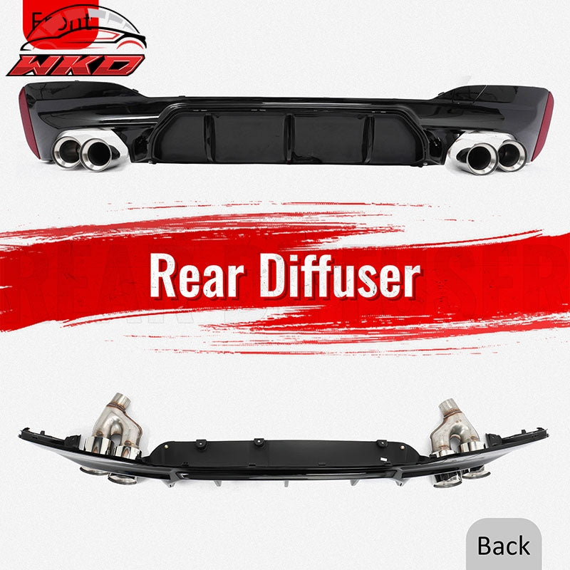 For 21-23 BMW G30 Competition Style Gloss Black Rear Diffuser Silver Exhaust Tip