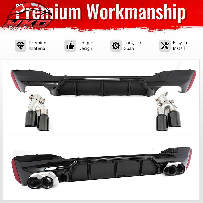 For 17-20 BMW G30 Competition Style Gloss Black Rear Diffuser Black Exhaust Tips