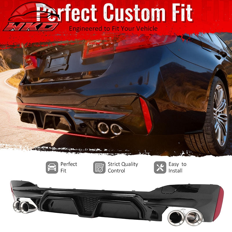 Fits 17-20 BMW G30 Gloss Black Rear Diffuser M5 CS Style + Silver Quad Exhaust