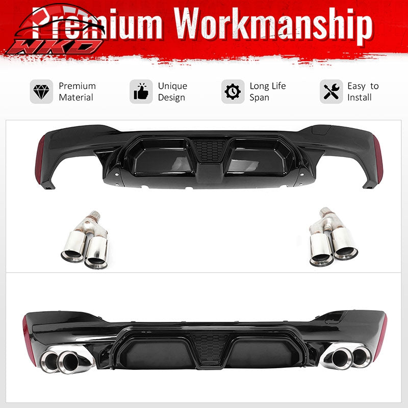 Fits 21-23 BMW G30 Gloss Black Rear Diffuser M5 CS Style + Silver Quad Exhaust