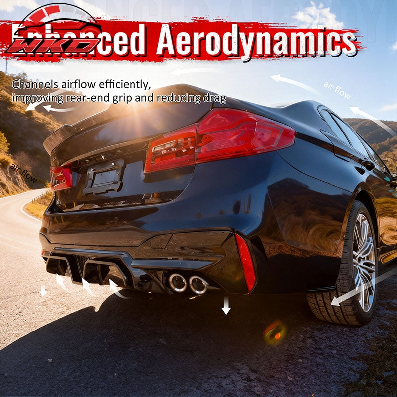 Fits 21-23 BMW G30 Gloss Black Rear Diffuser M5 CS Style + Silver Quad Exhaust