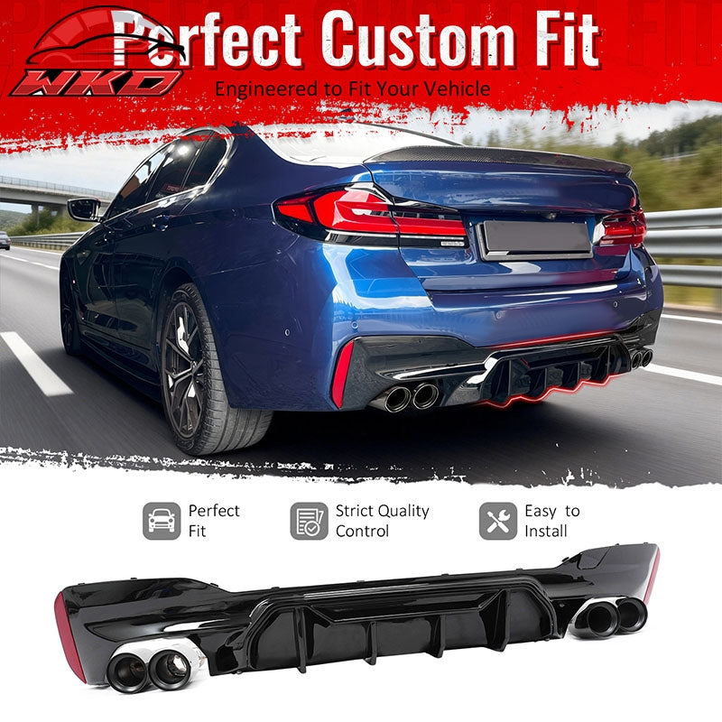 Fits 17-20 BMW G30 Gloss Black Rear Diffuser M5 MP Style + Black Quad Exhaust