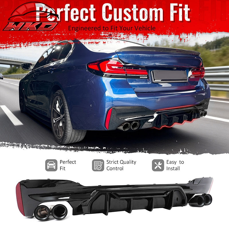 Fits 21-23 BMW G30 Gloss Black Rear Diffuser M5 MP Style + Black Quad Exhaust