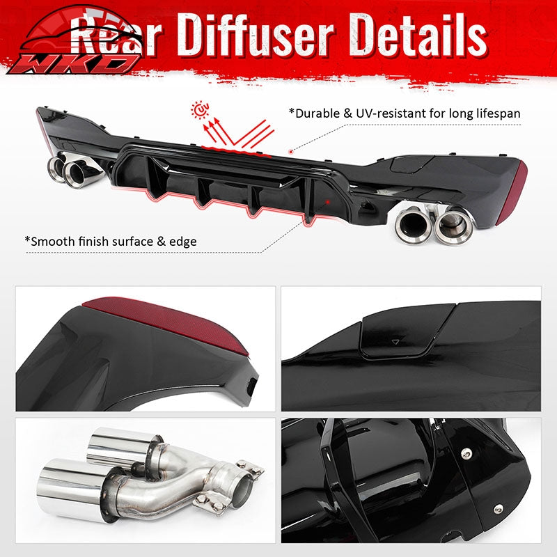Fits 17-20 BMW G30 Gloss Black Rear Diffuser M5 MP Style + Silver Quad Exhaust
