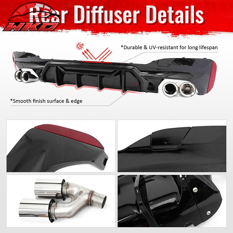 Fits 21-23 BMW G30 Gloss Black Rear Diffuser M5 MP Style + Silver Quad Exhaust