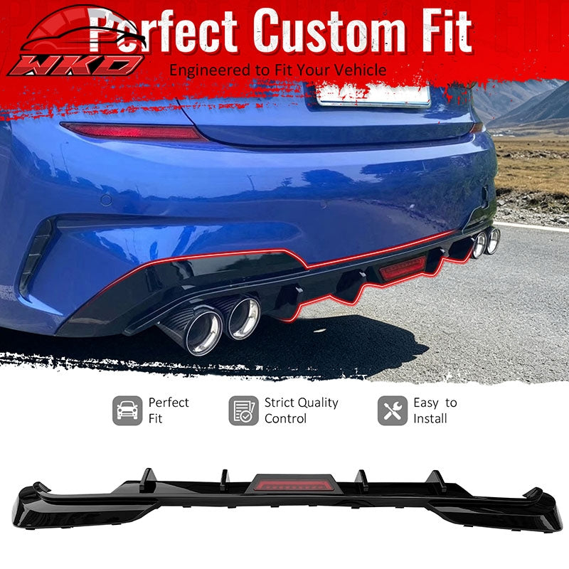 Fits 19-22 BMW Pre LCI G20 3 Series Sedan Gloss Black Rear Diffuser w/ LED Light