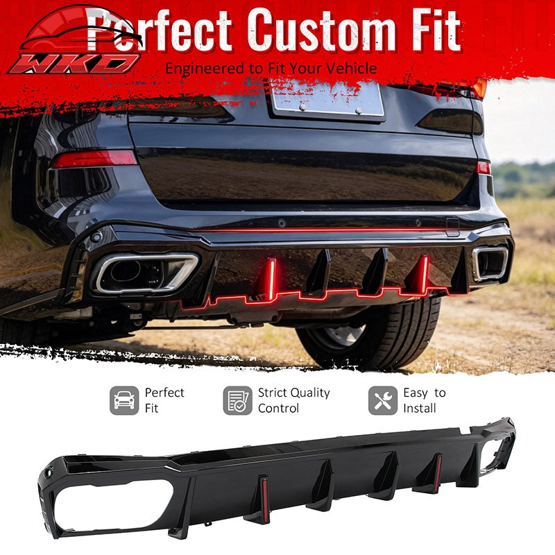 For 19-26 BMW X5 G05 M Sport IKON Rear Bumper Diffuser Lip W/ LED PP Gloss Black