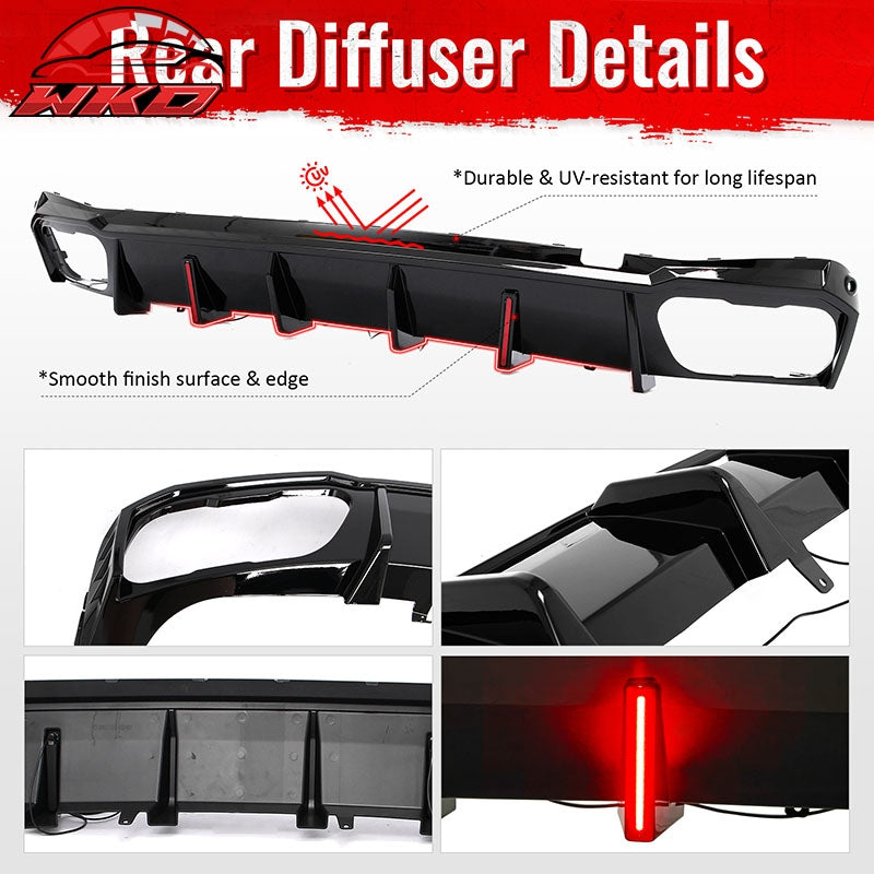 For 19-26 BMW X5 G05 M Sport IKON Rear Bumper Diffuser Lip W/ LED PP Gloss Black