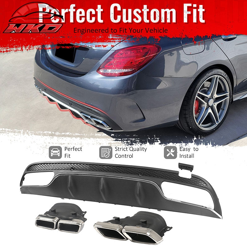 Fits 15-21 Benz C-Class C300 C400 C63 Black Rear Diffuser + Silver Exhaust Tips