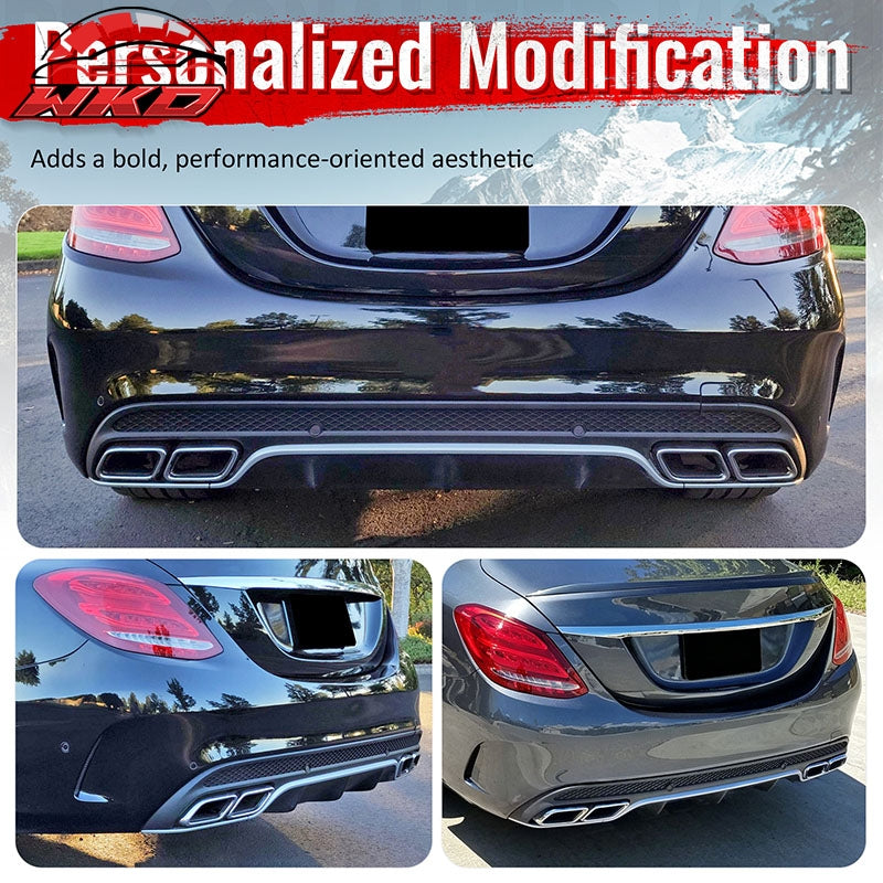 Fits 15-21 Benz C-Class C300 C400 C63 Black Rear Diffuser + Silver Exhaust Tips