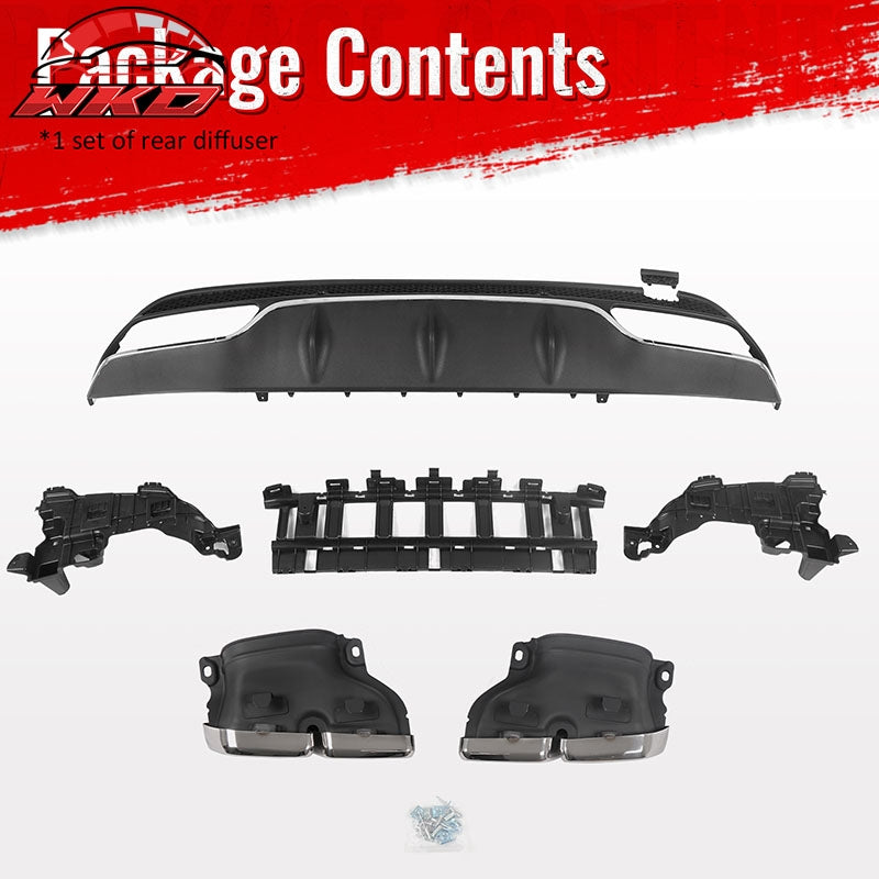 Fits 15-21 Benz C-Class C300 C400 C63 Black Rear Diffuser + Silver Exhaust Tips