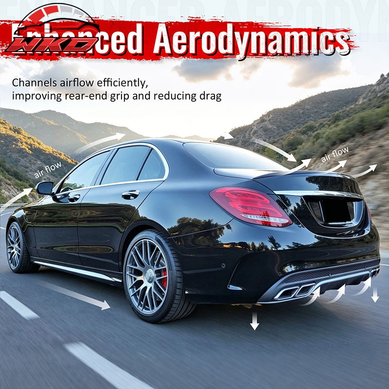 Fits 15-21 Benz C-Class C300 C400 C63 Black Rear Diffuser + Silver Exhaust Tips