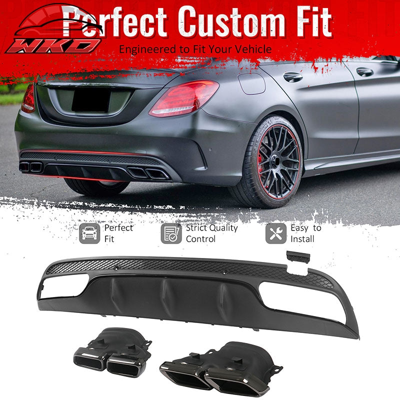 For 15-21 Benz C-Class C300 C400 C63 Style Gloss Black Rear Diffuser Exhaust Tip