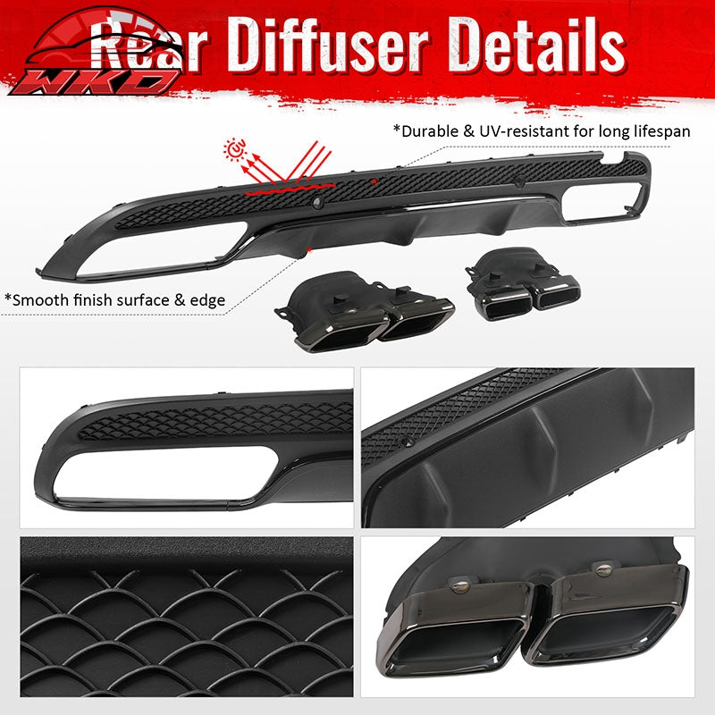 For 15-21 Benz C-Class C300 C400 C63 Style Gloss Black Rear Diffuser Exhaust Tip
