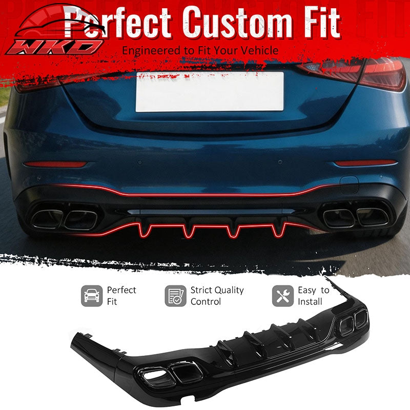 Fits 22-26 Benz C-Class C300 C43 Sedan W206 C63 Style Rear Diffuser Exhaust Tips