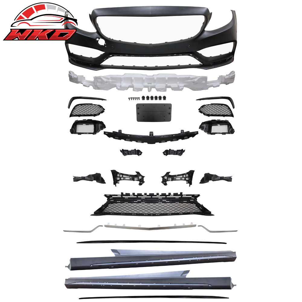 Fits 15-16 W205 C63 Style Full PDC Front +Rear Bumper+Side Skirts