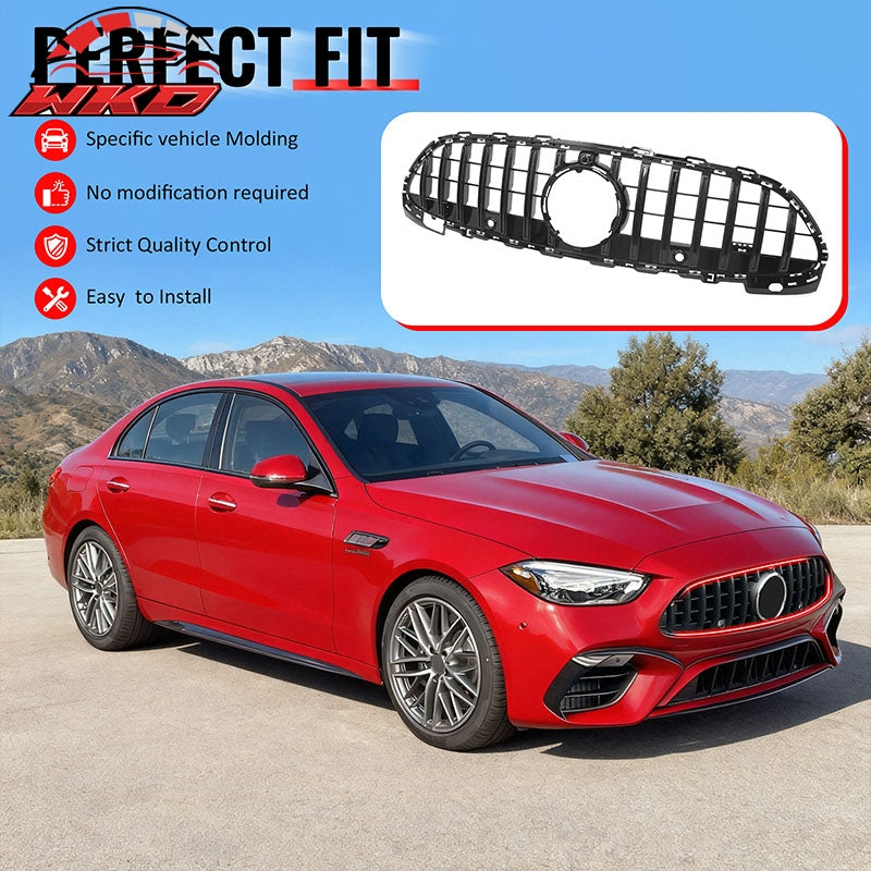 Fits 22-26 Benz C300 C43 AMG W206 GT Style Front Upper Grille Gloss Black ABS