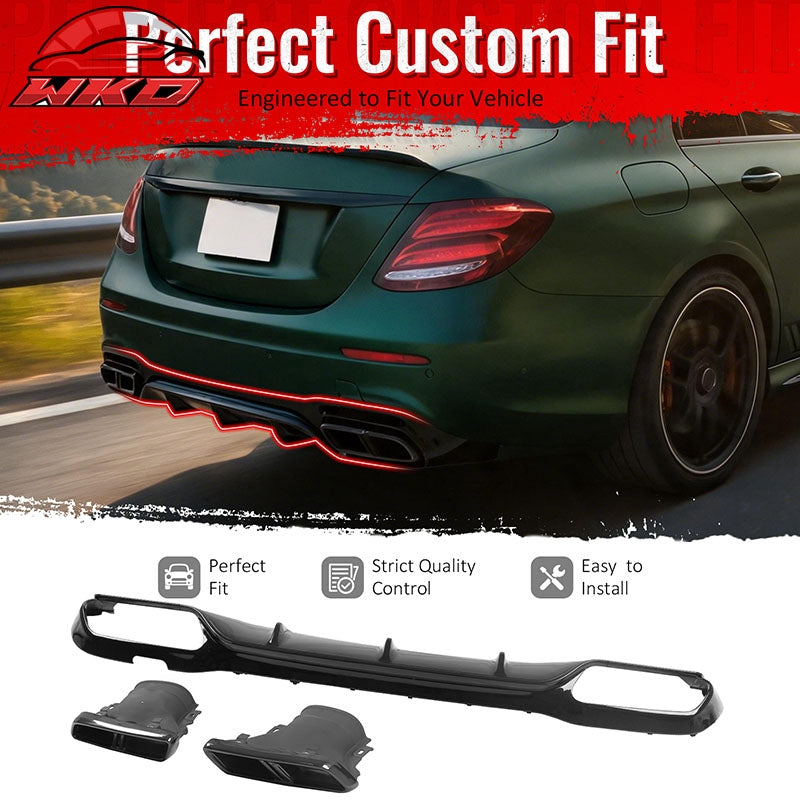 For 17-23 Benz E-Class E300 E400 E63 Style Gloss Black Rear Diffuser Exhaust Tip