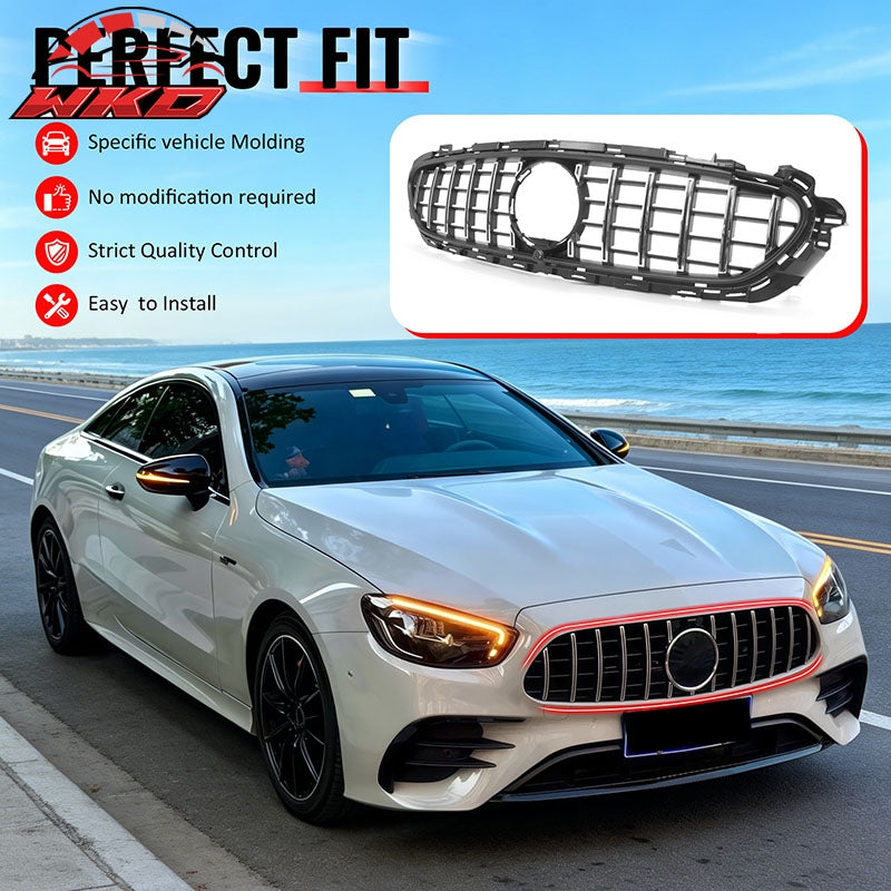 Fits 21-23 Benz E-Class E350 E450 GT Style Front Grille Unpainted & Chrome ABS
