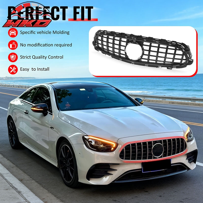 Fits 21-23 Benz E-Class E350 E450 GT Style Front Upper Grille Gloss Black ABS