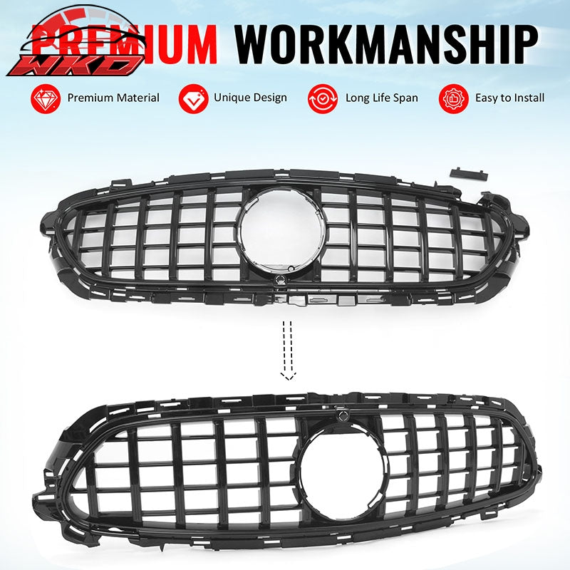 Fits 21-23 Benz E-Class E350 E450 GT Style Front Upper Grille Gloss Black ABS