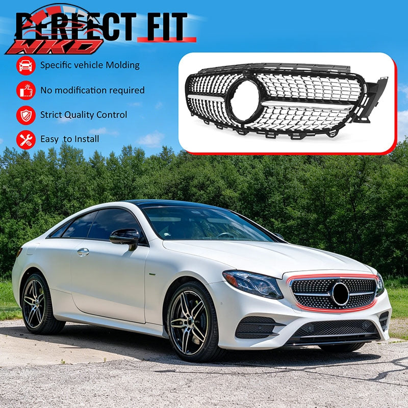 Fits 17-20 Benz E350 E400 E450 Diamond Style Upper Grille Gloss Black Chrome ABS
