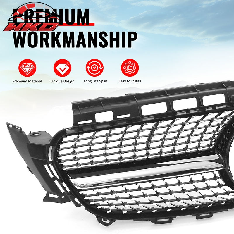 Fits 17-20 Benz E350 E400 E450 Diamond Style Upper Grille Gloss Black Chrome ABS