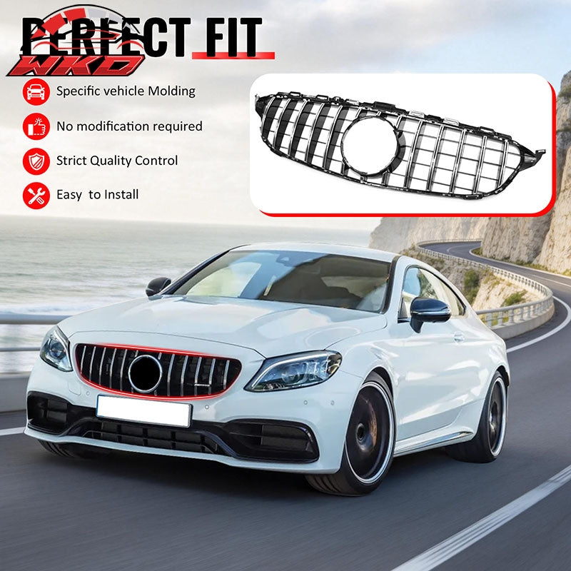 Fits 15-18 Benz W205 C-Class C63 AMG Grille GTR Style Bumper Upper Grill Silver