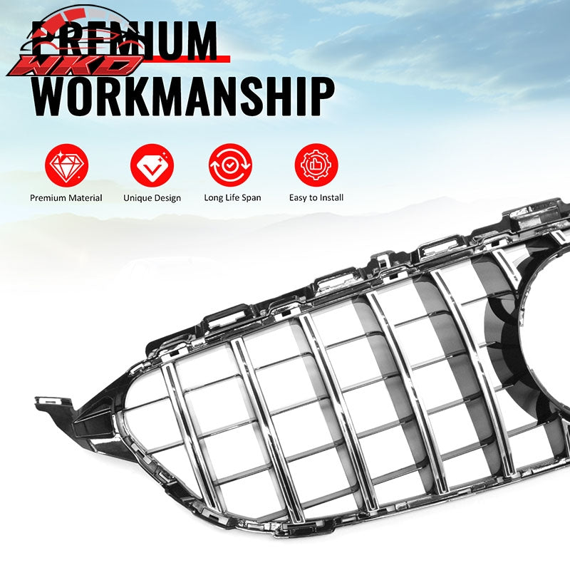 Fits 15-18 Benz W205 C-Class C63 AMG Grille GTR Style Bumper Upper Grill Silver