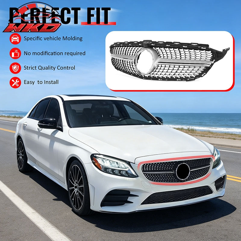 Fits 19-21 Benz W205 C300 C43 AMG Diamond Front Upper Grille Unpainted & Chrome