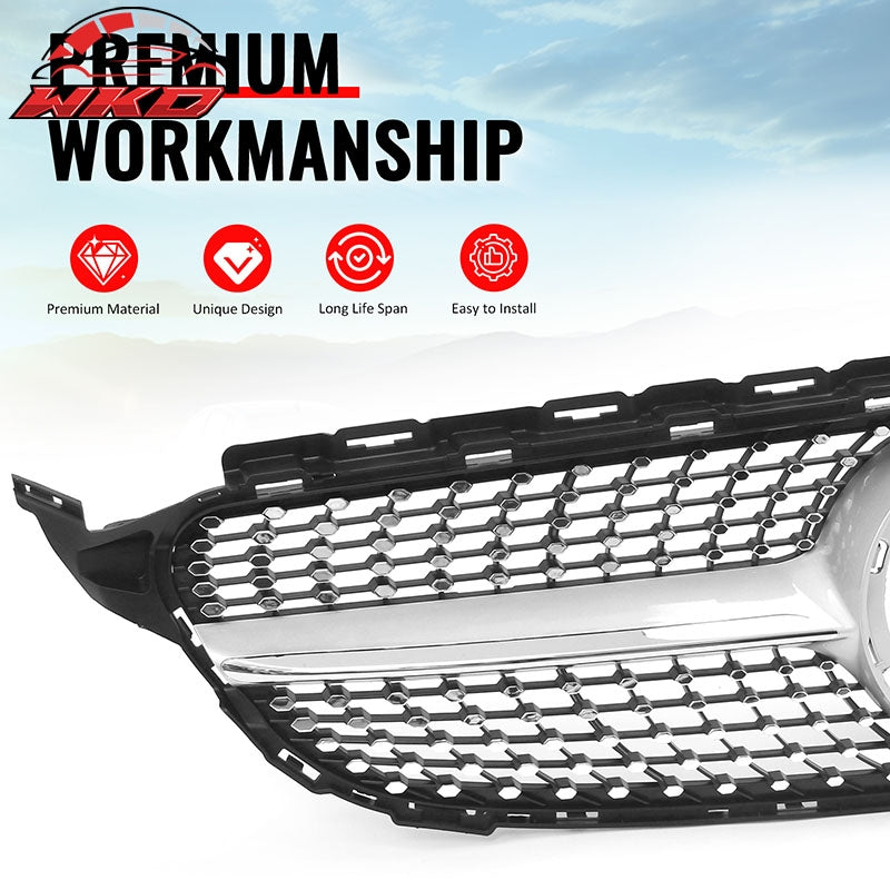 Fits 19-21 Benz W205 C300 C43 AMG Diamond Front Upper Grille Unpainted & Chrome