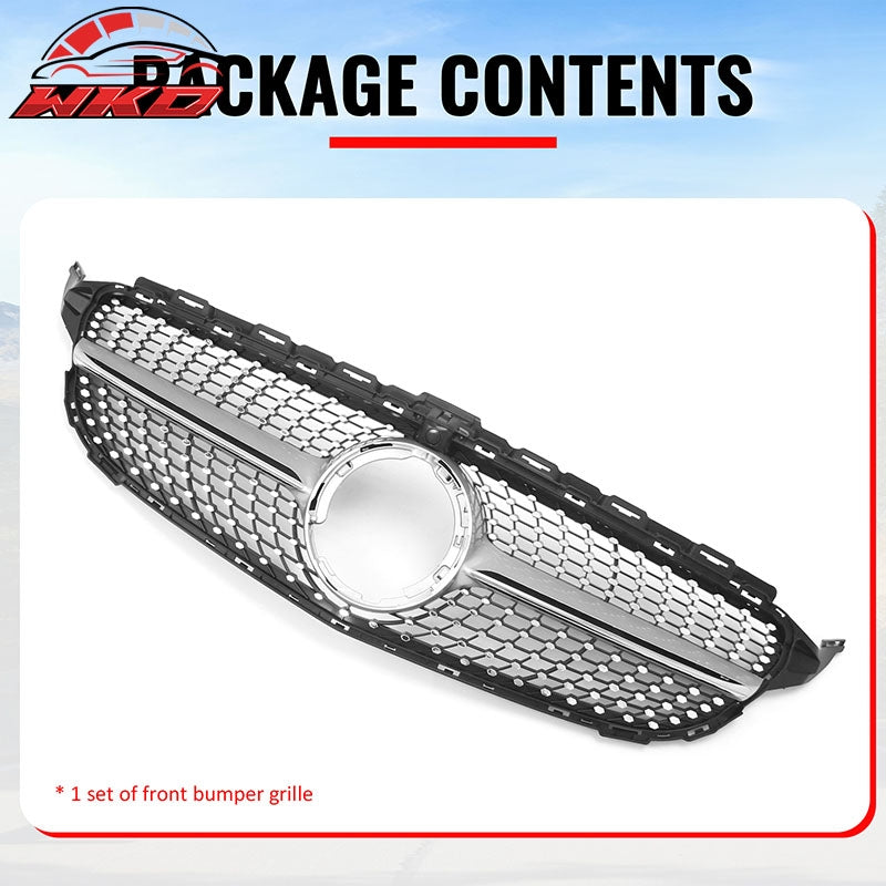 Fits 19-21 Benz W205 C300 C43 AMG Diamond Front Upper Grille Unpainted & Chrome