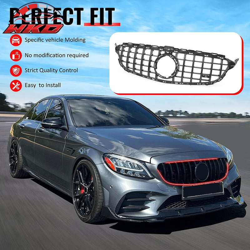 Fits 19-21 Benz W205 C300 C43 AMG GT Style Front Upper Grille Gloss Black ABS