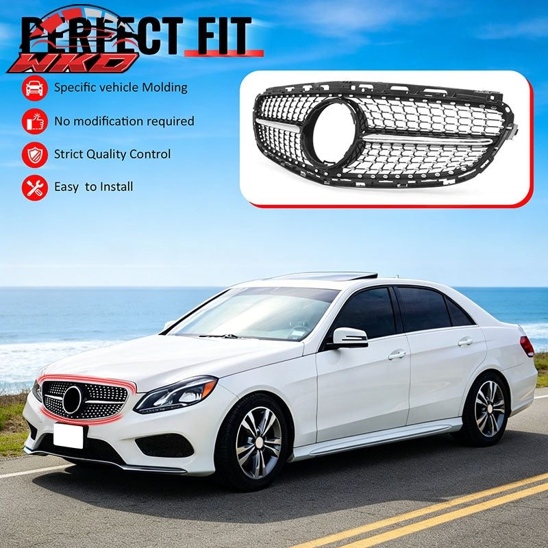 Fits 14-16 Benz W212 E350 E400 E550 Diamond Upper Grille Gloss Black Chrome ABS
