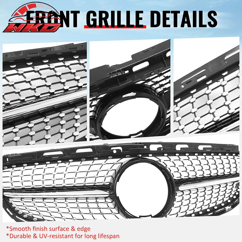 Fits 14-16 Benz W212 E350 E400 E550 Diamond Upper Grille Gloss Black Chrome ABS