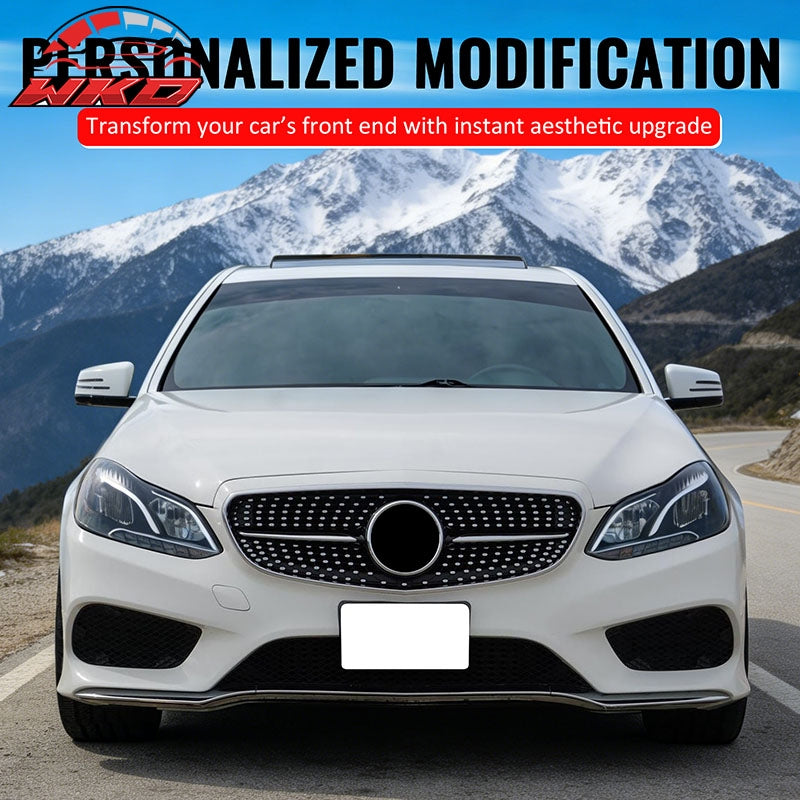 Fits 14-16 Benz W212 E350 E400 E550 Diamond Upper Grille Gloss Black Chrome ABS