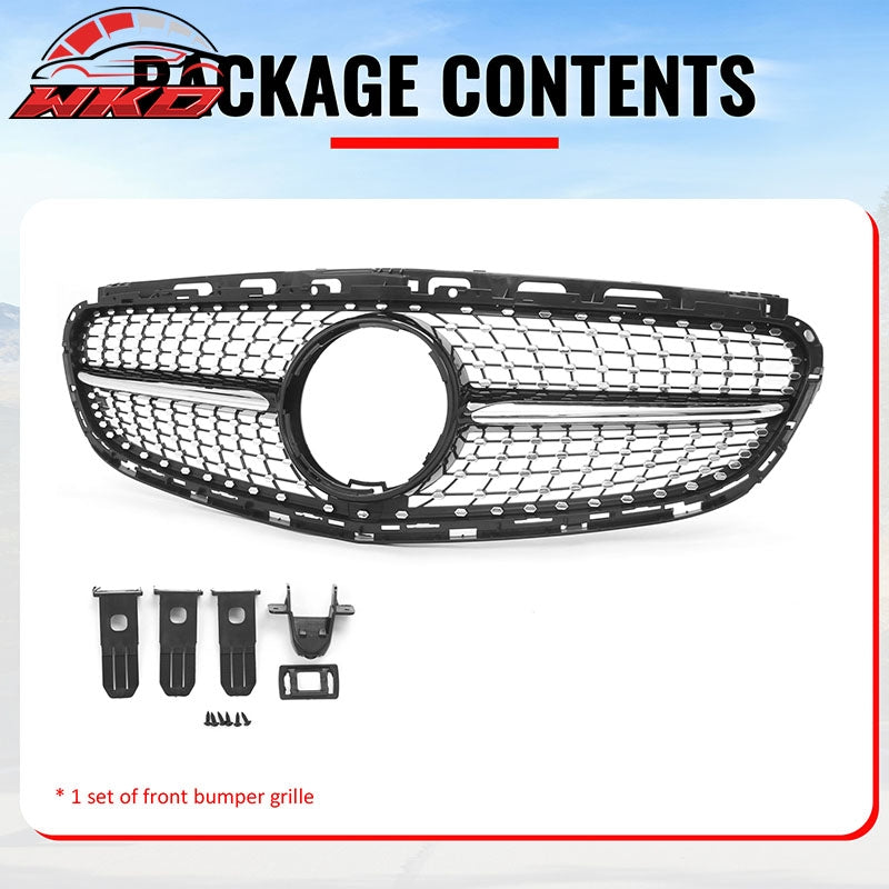 Fits 14-16 Benz W212 E350 E400 E550 Diamond Upper Grille Gloss Black Chrome ABS