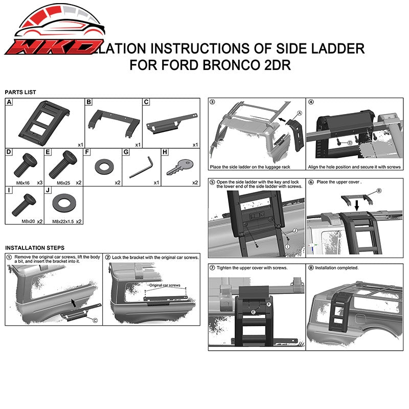 For 21-26 Bronco Passenger Side Roof Access Ladder Step Climbing Ladder Aluminum