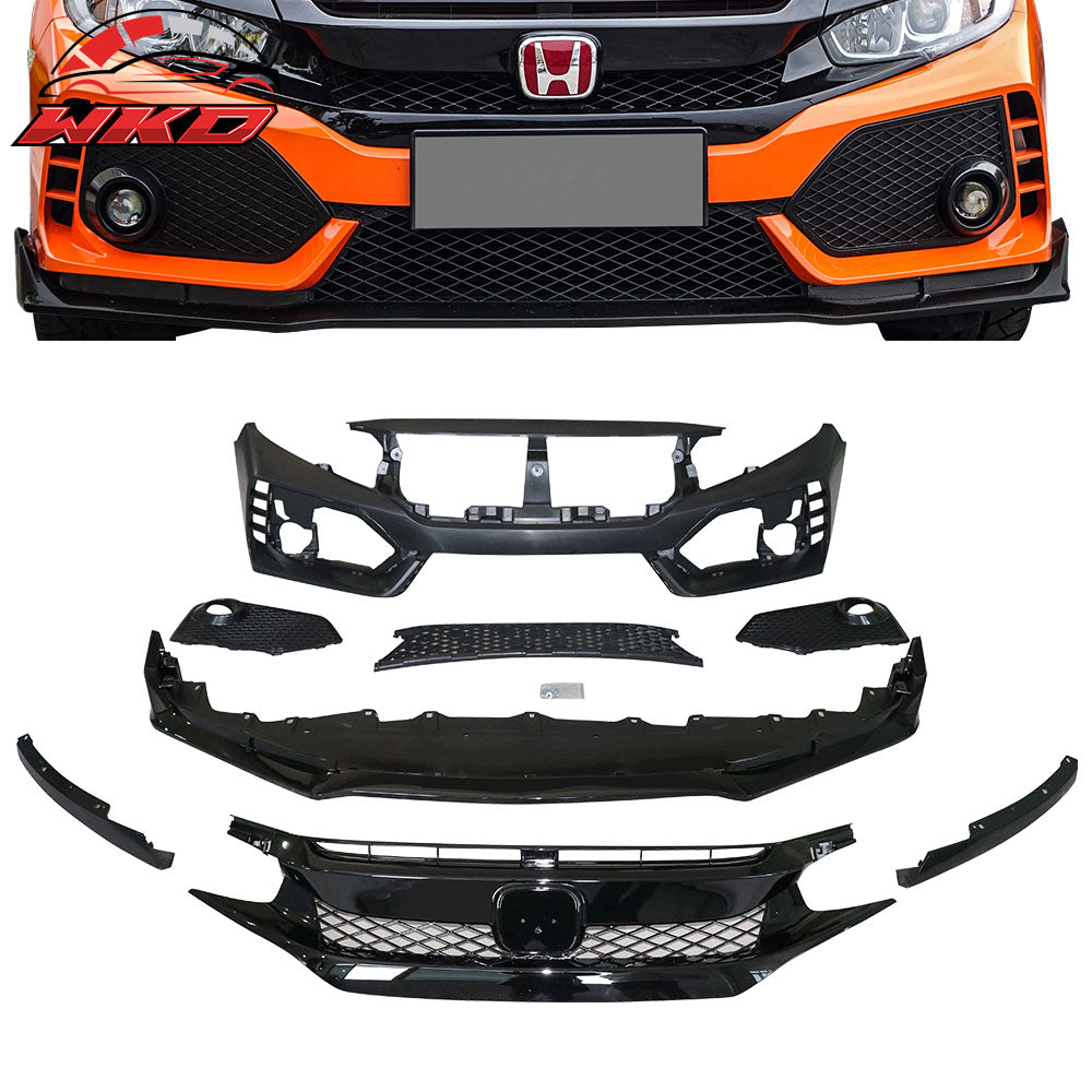 Fits 16-21 Civic Sedan Coupe Type-R Front Bumper + Grille + Lip Gloss Black