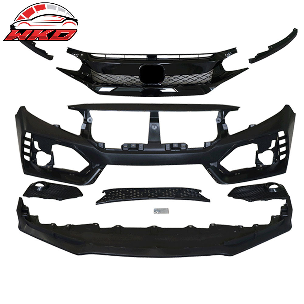 Fits 16-21 Civic Sedan Coupe Type-R Front Bumper + Grille + Lip Gloss Black