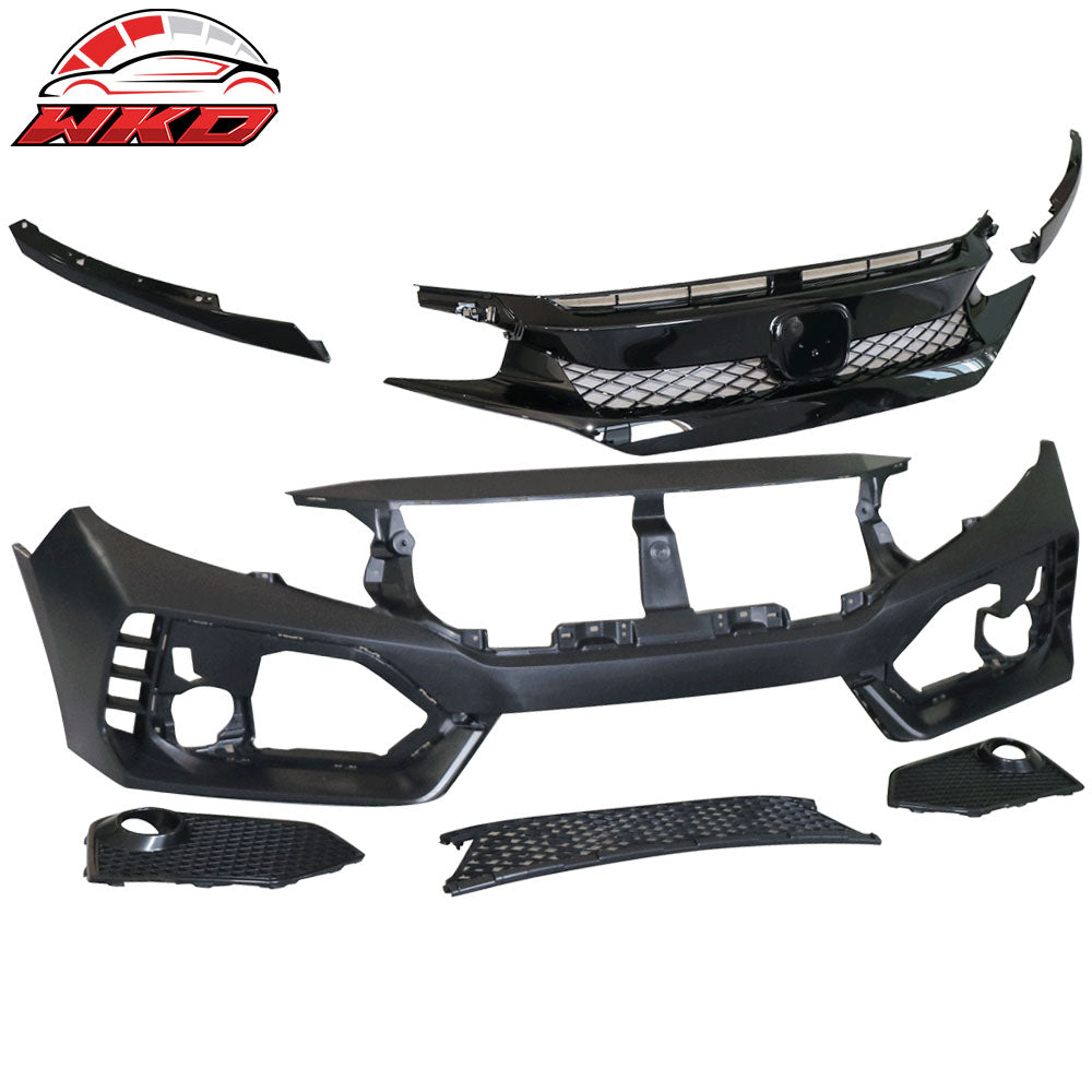 Fits 16-21 Honda Civic TR Style Front Bumper Cover + Grille + Front Lip PP