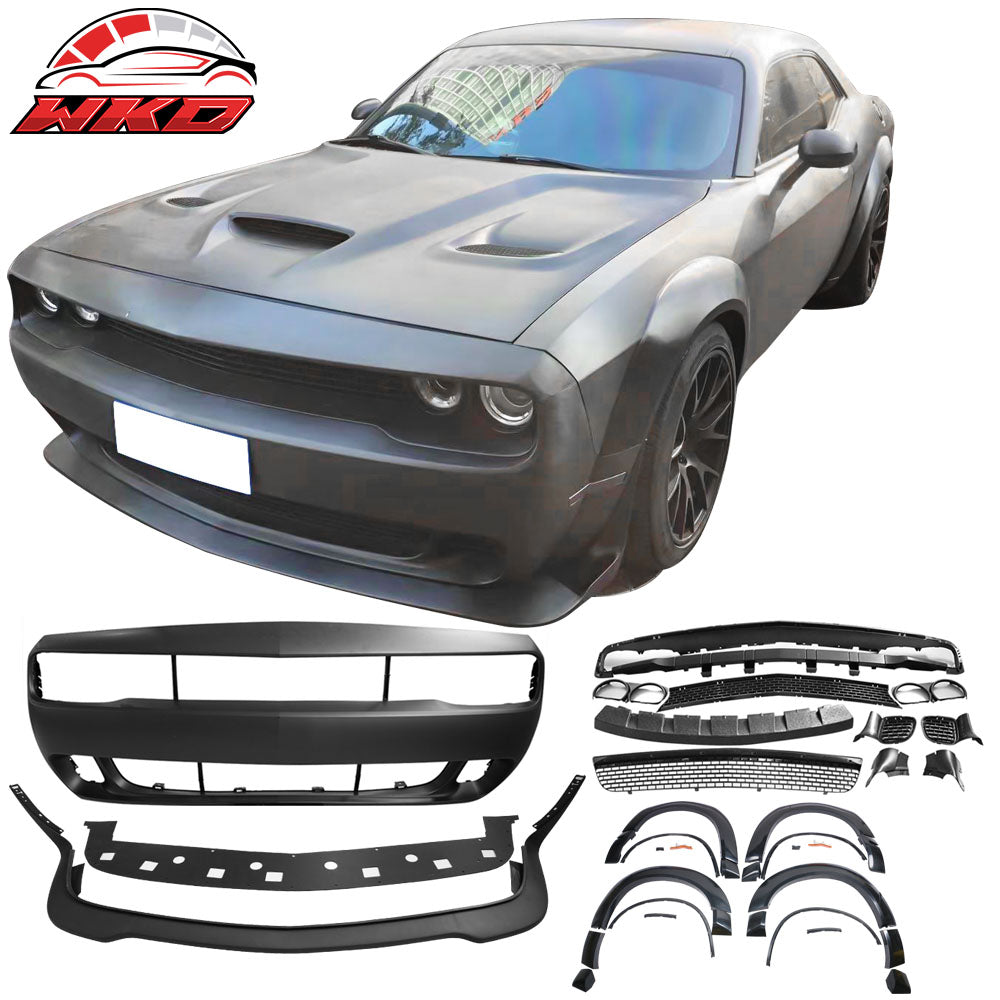 Fit 15-23 Dodge Challenger Hellcat Front Bumper Cover W/Lip + Demon Fender Flare